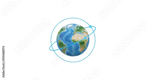 Stylized illustration of the Earth with orbiting rings.