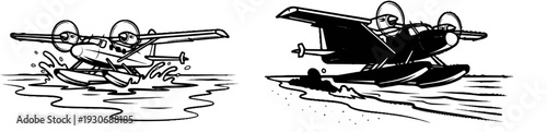 Two cartoon seaplanes flying over water, one taking off, one landing