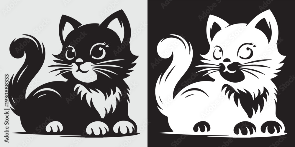 Obraz premium Black and white cat yin yang symbol sitting vector illustration flat design