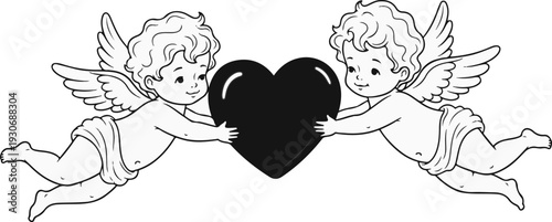Two cherubs fly together, holding a large, dark heart between them