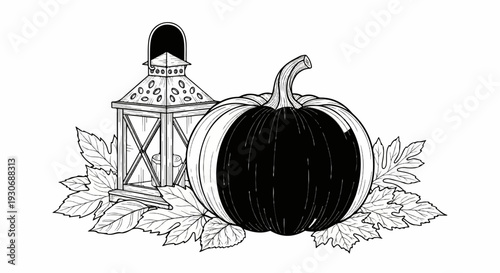 Vintage lantern with a split-color pumpkin and autumn leaves