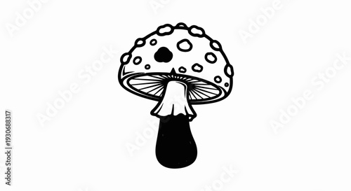 Whimsical black and white outline of a spotted mushroom with a dark cap