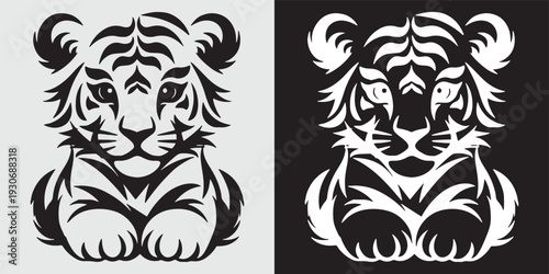 Cute sitting tiger face twin heads minimalist black white vector illustration