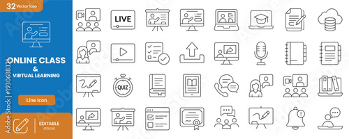 Online class and virtual learning line icon set containing education symbols for distance schooling digital webinar e-learning and internet study