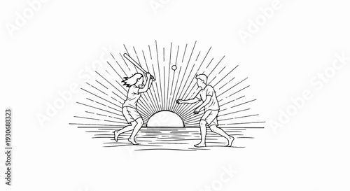 Two children playing baseball at sunset with rays emanating from the sun