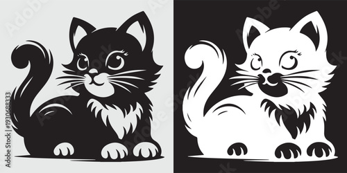 Black and white cat yin yang symbol sitting vector illustration flat design