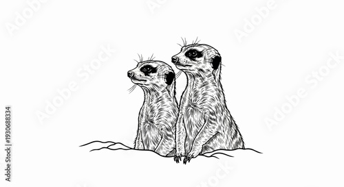 Two meerkats stand alert, peering into the distance