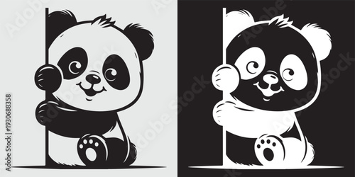 Cute panda bear sitting holding bamboo vector illustration flat design