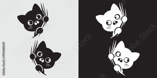 Black and white cat faces yawning vector illustration flat design minimalist art