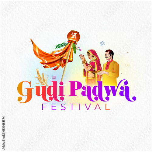 Gudi Padwa festive prayer background of family and India hindu traditional new year spring vector illustration.