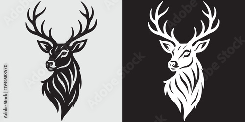 Majestic deer head silhouette vector illustration black and white flat design