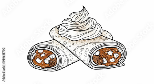 Two crepes filled with chocolate and marshmallows, topped with whipped cream