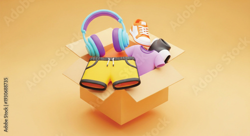 Cardboard box full of various consumer goods including headphones, sneakers, t-shirt, and shorts ready for shipping and delivery