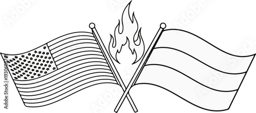 Two crossed flags, one with stars and stripes, the other with stripes, with fire