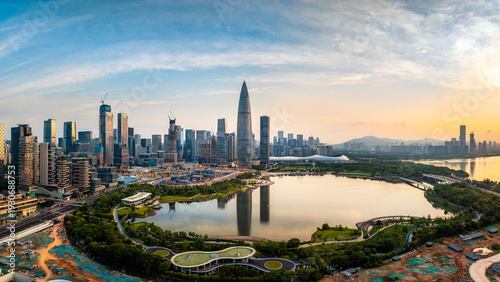 Tablou pe pânză Aerial panoramic view of modern city skyscrapers and the skyline at sunset in Shenzhen, China