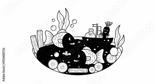 Whimsical underwater scene with fish, boat, and smiling characters