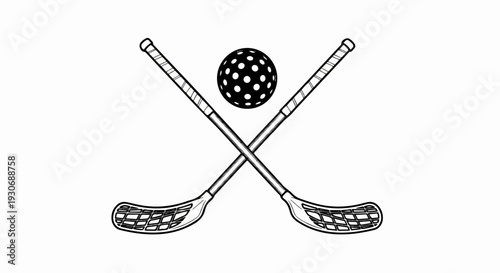 Two crossed floorball sticks and a ball, simple line art sports icon