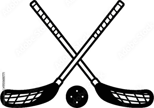 Two crossed sticks and a ball, representing a sport