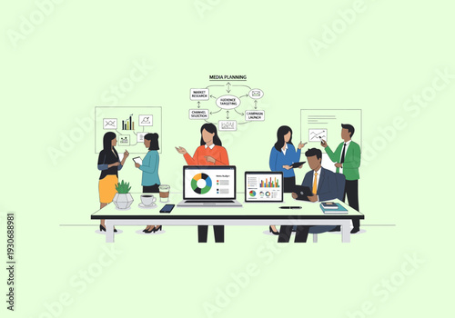 Vector Ilustration Flat Design Diverse team collaborating in a modern office meeting room.