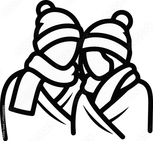 Two abstract figures in winter attire, close together, suggest companionship or closeness