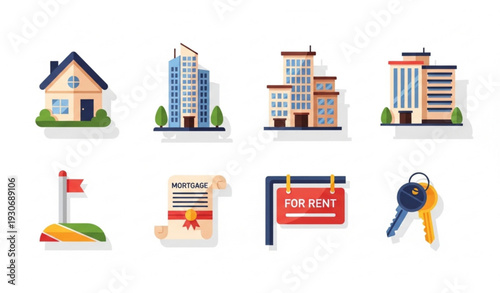 Flat Vector Real Estate Icons Pack with Homes Apartments Land and Mortgage Symbols