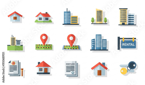 Flat Vector Real Estate Icons Pack with Homes Apartments Land and Mortgage Symbols