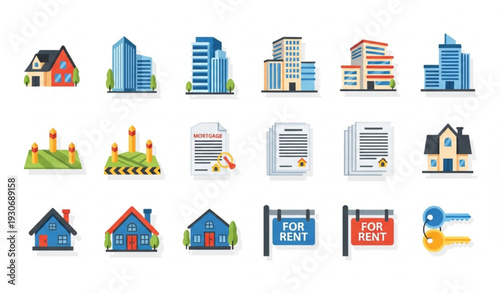 Flat Vector Real Estate Icons Pack with Homes Apartments Land and Mortgage Symbols