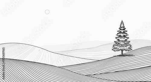 Ultra-thin line Nordic style flat vector landscape