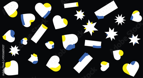 Yellow Blue and White Hearts Stars Explosions on Black Background