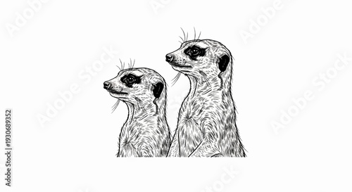 Two meerkats stand side by side in a detailed, black and white ink sketch