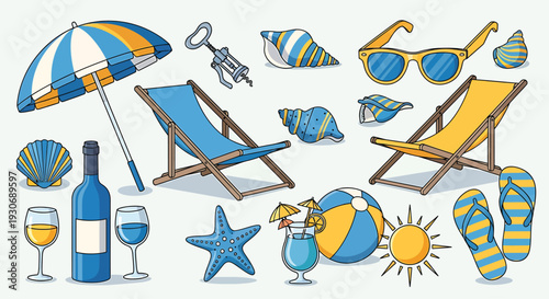 Beach Vacation Objects with Blue and Yellow Color Scheme