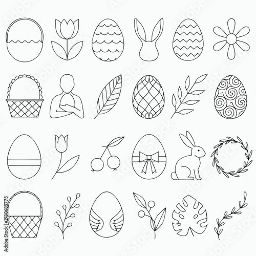 Line art Easter icons including eggs, flowers, and bunny outlines  