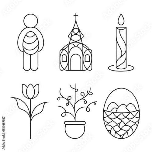 Line art symbols of Easter including church, candle, and flowers  