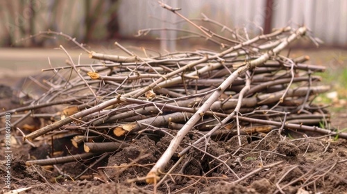 A pile of dry twigs and branches stacked on the ground. The scene is set in a garden or outdoor area with blurred background elements.