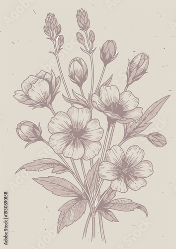 Purple Flowers Bouquet Sketch on Beige Background