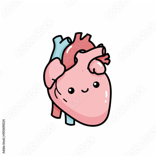 Cute cartoon human heart illustration with a friendly smile. This charming graphic symbolizes health, love, and well-being, ideal for educational or positive designs