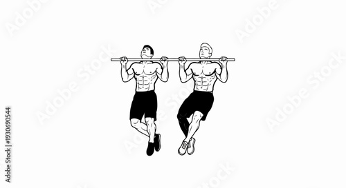 Two muscular men perform pull-ups on a horizontal bar, one with legs crossed