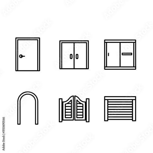 Set of linear vector icons featuring diverse door and entrance designs. Perfect for architectural graphics, user interface elements, and digital projects, reflecting clean artboard compositions
