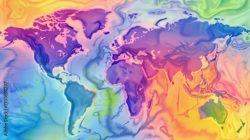 A colorful abstract world map with vibrant swirls of blue, purple, green, and yellow. The continents are outlined in a fluid, artistic style.