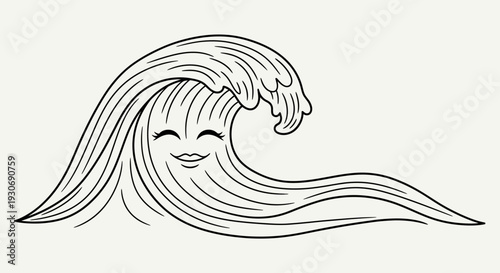 A serene ocean wave with a smiling face in a minimalist line art style.