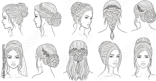 Variety of elegant braided hairstyles and updos for women's hair