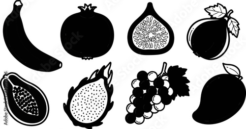 Variety of tropical and common fruits illustrated in black and white silhouettes
