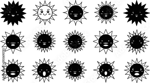 Various cartoon suns with different cute facial expressions