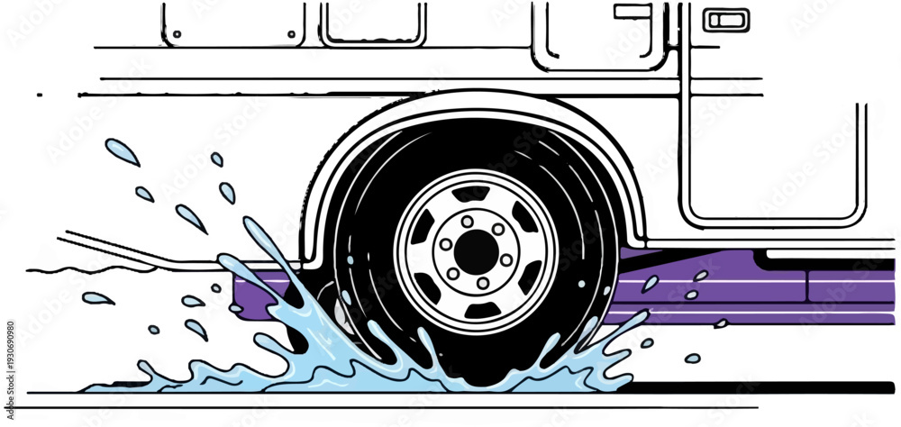 Obraz premium Vehicle tire splashes water on a purple stripe on a white background
