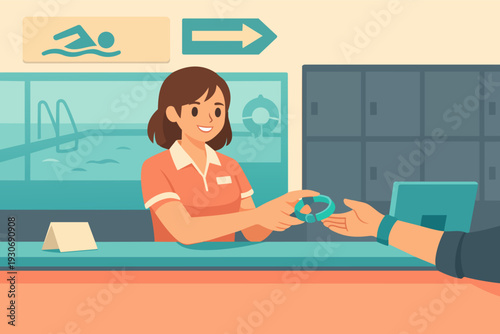Receptionist giving wristband to customer at a health club check-in counter