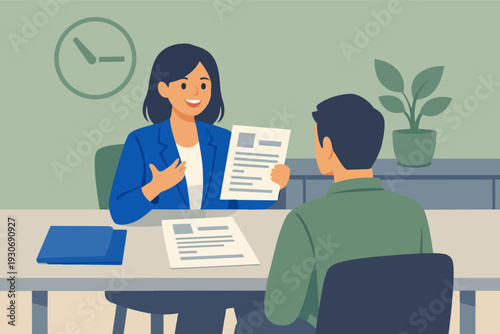 Recruiter interviewing candidate with resume, discussing job application and career opportunity