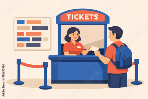 Customer buying tickets at a booth, receiving service for event or travel booking