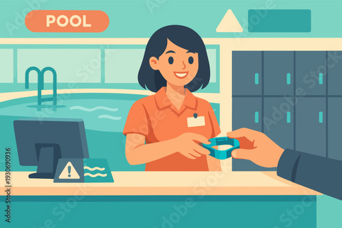 Receptionist providing wristband access for a swimming pool and locker room