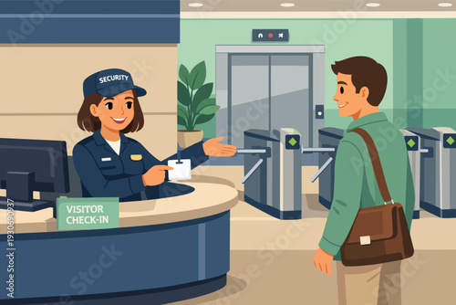 Security guard advising visitor at check-in desk for building access control
