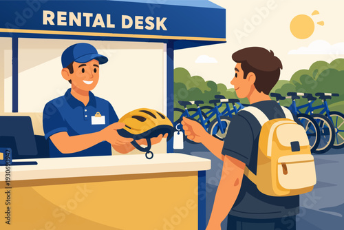 Bicycle rental service providing helmet and keys to a customer at a rental desk